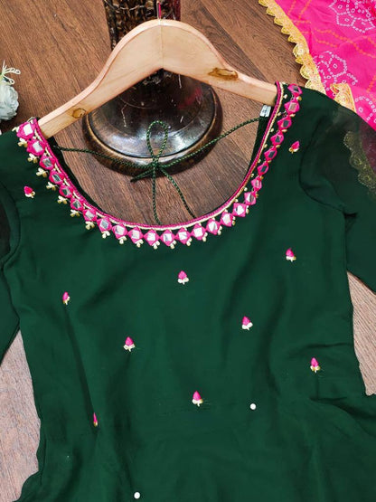 Green Women's Solid Georgette Gown Kurta with Dupatta, Long Kurti Ethnic Dress Set for All Occasions.