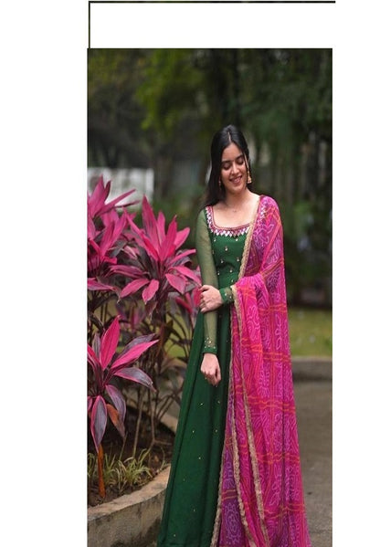 Green Women's Solid Georgette Gown Kurta with Dupatta, Long Kurti Ethnic Dress Set for All Occasions.
