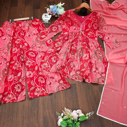 Red Beautiful foux Georgette digital printed gown with mirror work Dupptta & printed Sarara plazo