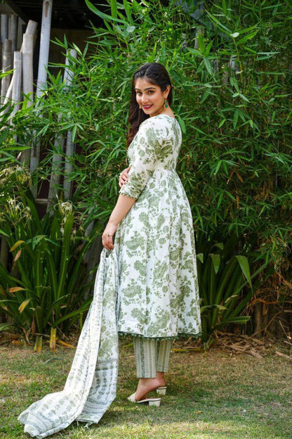 Beautiful Rayon printed gown with Pom Pom lace on nack and printed Pant & Dupatta