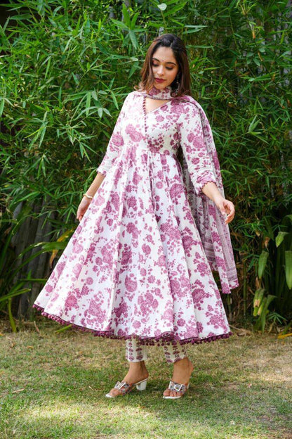 Beautiful Rayon printed gown with Pom Pom lace on nack and printed Pant & Dupatta
