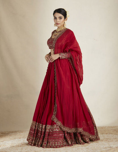 Red Chanderi Embroidered Thread Sequnce Work With Nakshi Scoop Neck Lehenga Set For Women