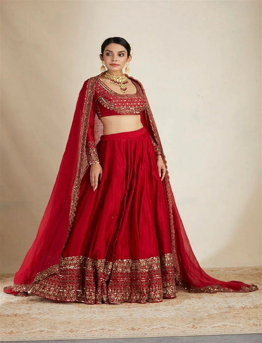 Red Chanderi Embroidered Thread Sequnce Work With Nakshi Scoop Neck Lehenga Set For Women