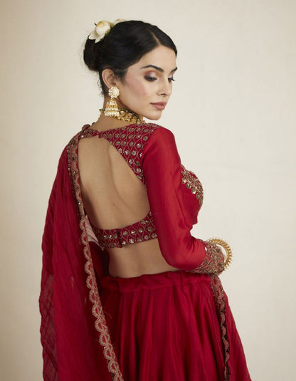 Red Chanderi Embroidered Thread Sequnce Work With Nakshi Scoop Neck Lehenga Set For Women