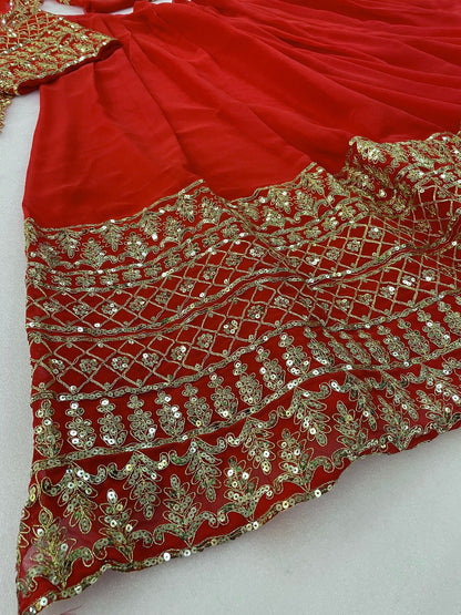 Red Chanderi Embroidered Thread Sequnce Work With Nakshi Scoop Neck Lehenga Set For Women
