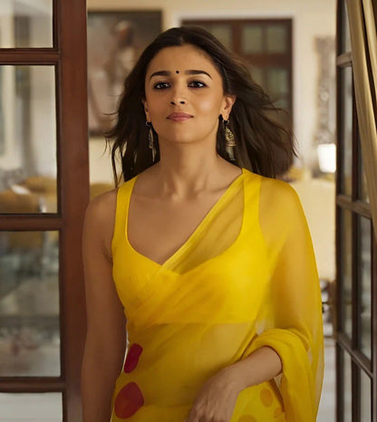 Yellow  Faux Georgette Digital Printed Bollywood Saree For Womens With Beautiful Blouse Piece
