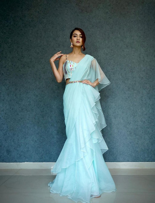 Sky Blue Womens Ready To Wear Lehenga Saree & Belt Bollywood Style  Organza Silk Fabric With Embrodery Sequance Work