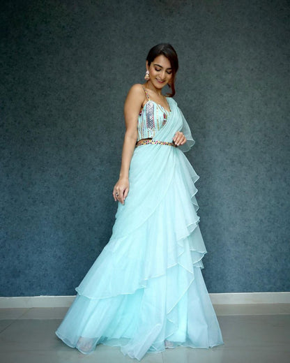 Sky Blue Womens Ready To Wear Lehenga Saree & Belt Bollywood Style  Organza Silk Fabric With Embrodery Sequance Work