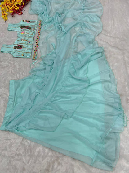 Sky Blue Womens Ready To Wear Lehenga Saree & Belt Bollywood Style  Organza Silk Fabric With Embrodery Sequance Work