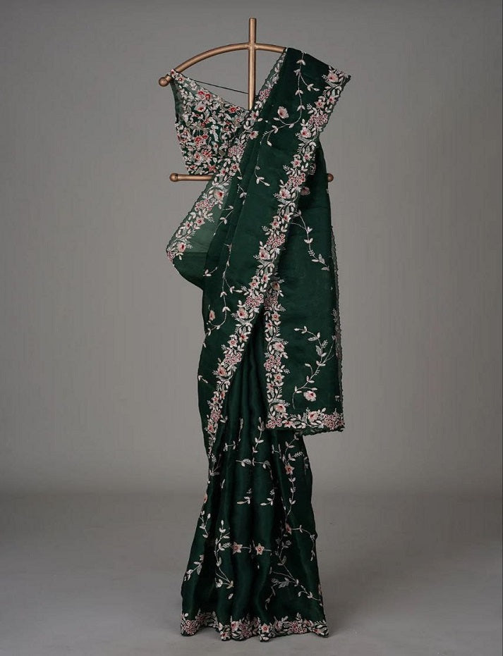 Wedding Wear Green Color Embroidery Lace Border Organza Saree With Mono Silk Blouse