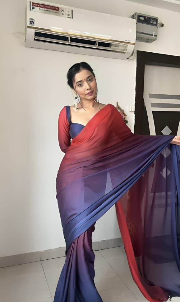 RED & BLUE DESIGNER GEORGETTE DIGITAL PRINTED READY TO WEAR SAREE WITH UNSTICTHED BLOUSE