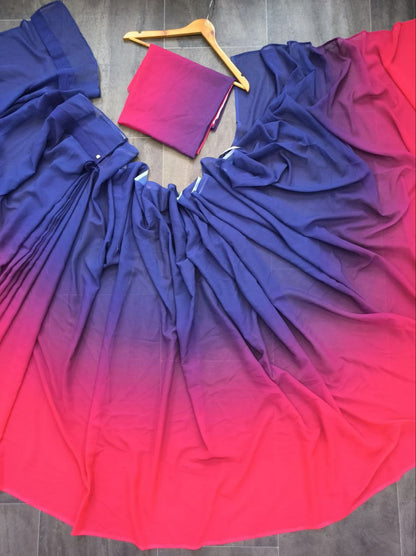 RED & BLUE DESIGNER GEORGETTE DIGITAL PRINTED READY TO WEAR SAREE WITH UNSTICTHED BLOUSE