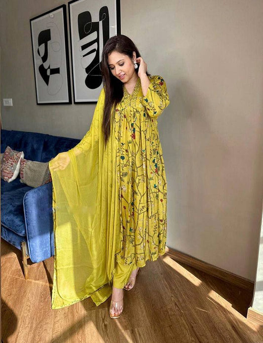 Yellow Digital Print Rayon Full-Stitched Embroidered Anarkali Gown with pant and Dupatta