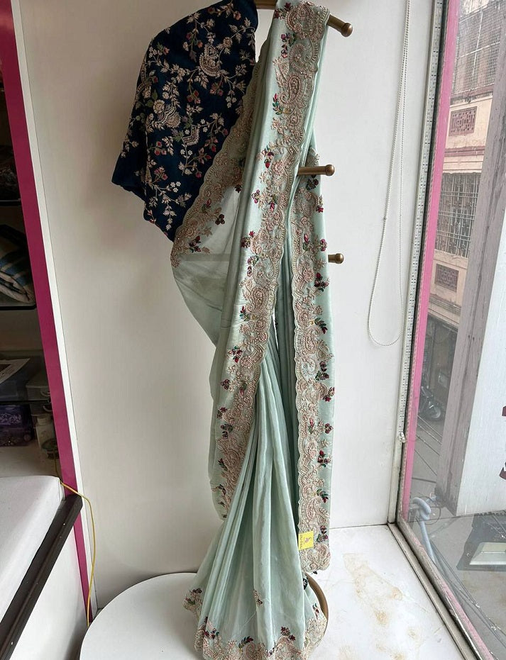 Sky Blue Soft Chinnon Silk Saree Sequence With Cut Work Border Blouse Piece