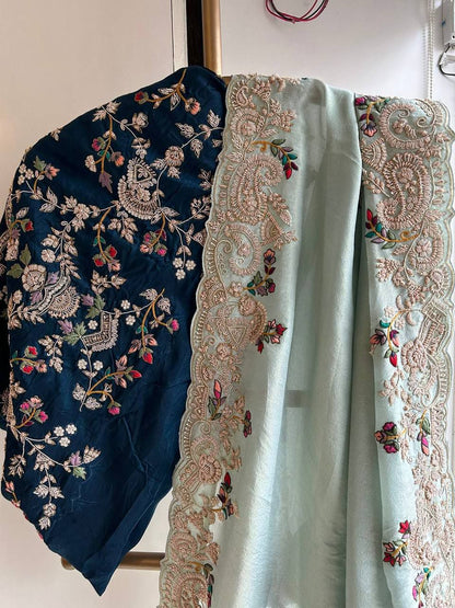 Sky Blue Soft Chinnon Silk Saree Sequence With Cut Work Border Blouse Piece