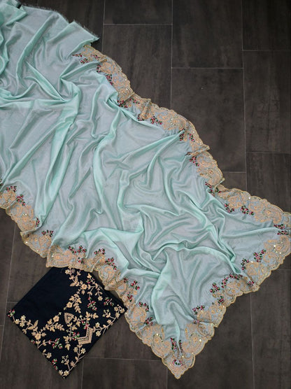 Sky Blue Soft Chinnon Silk Saree Sequence With Cut Work Border Blouse Piece