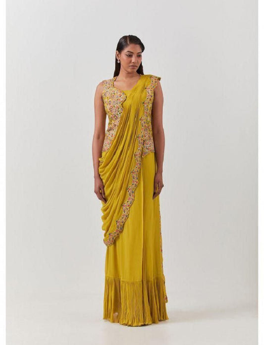 YELLOW READY TO WEAR SAREE WITH BEAUTIFUL EMBROIDERY WORK JACKET WITH STITCHED BLOUSE