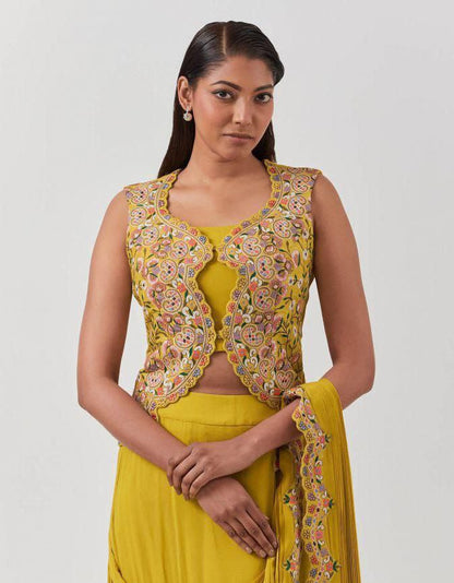 YELLOW READY TO WEAR SAREE WITH BEAUTIFUL EMBROIDERY WORK JACKET WITH STITCHED BLOUSE