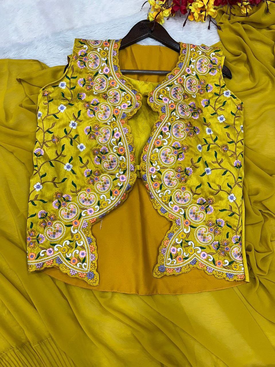 YELLOW READY TO WEAR SAREE WITH BEAUTIFUL EMBROIDERY WORK JACKET WITH STITCHED BLOUSE