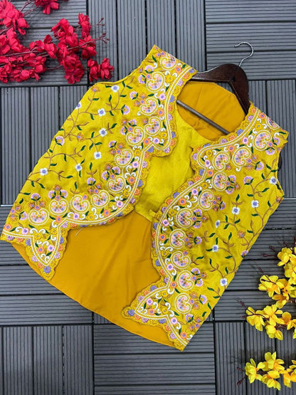 YELLOW READY TO WEAR SAREE WITH BEAUTIFUL EMBROIDERY WORK JACKET WITH STITCHED BLOUSE