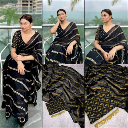 Black Saree Customised Ready to Wear Blouse N Saree Bollywood Style Party Wear Saree With Designer Blouse Saree