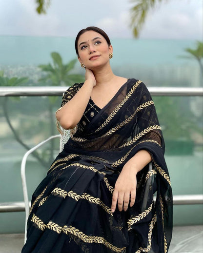 Black Saree Customised Ready to Wear Blouse N Saree Bollywood Style Party Wear Saree With Designer Blouse Saree