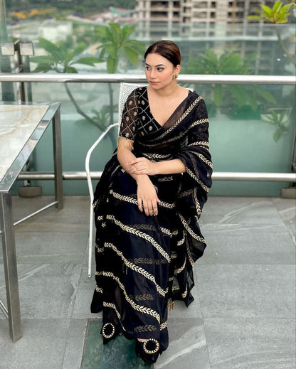 Black Saree Customised Ready to Wear Blouse N Saree Bollywood Style Party Wear Saree With Designer Blouse Saree