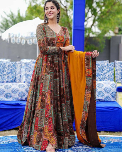 Multicolor Fox Georgette Maxi Dress With Nazneen Dupatta  Partywear Suit Set  For Girls & Women
