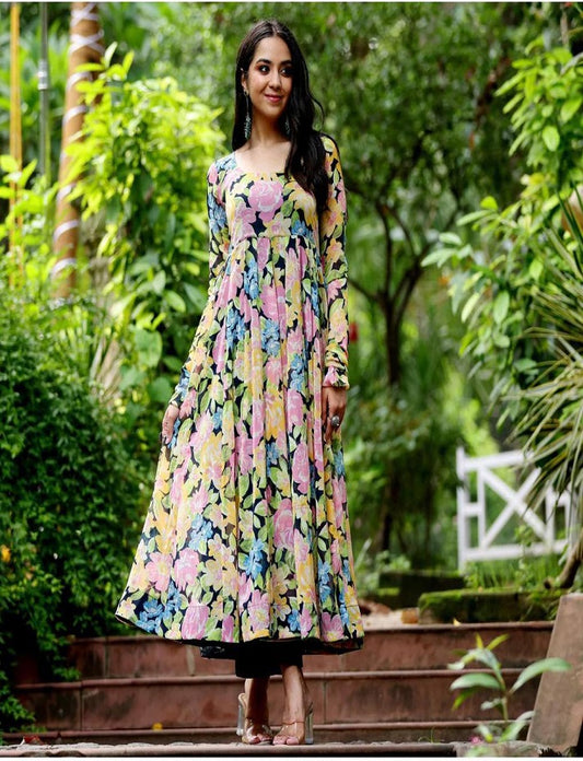 Multiple Flowers Printed Fox Georgette Digital Printed Maxi Dress With Plazo Pent