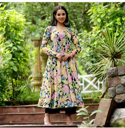 Multiple Flowers Printed Fox Georgette Digital Printed Maxi Dress With Plazo Pent