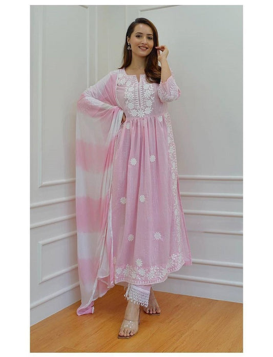 Pink & White Coloured Pure Cotton with Elegant Chikankari Nayracut Women Designer Kurti with Pant & Dupatta