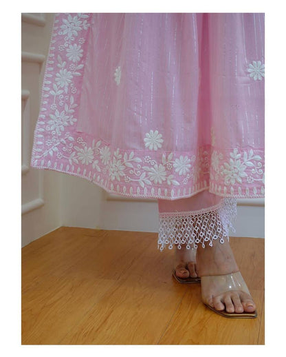 Pink & White Coloured Pure Cotton with Elegant Chikankari Nayracut Women Designer Kurti with Pant & Dupatta