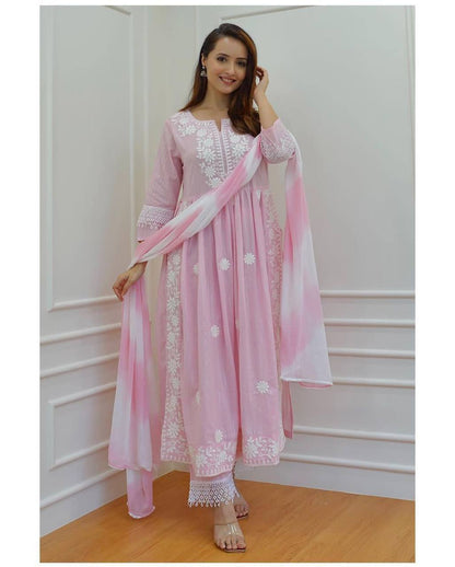 Pink & White Coloured Pure Cotton with Elegant Chikankari Nayracut Women Designer Kurti with Pant & Dupatta