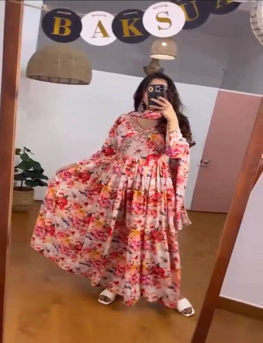 Designer Indian Georgette Long Flared Anarkali Maxi Dress with Dupatta Floor Length Salwar Kameez Readymade Partywear 2 Pc Set