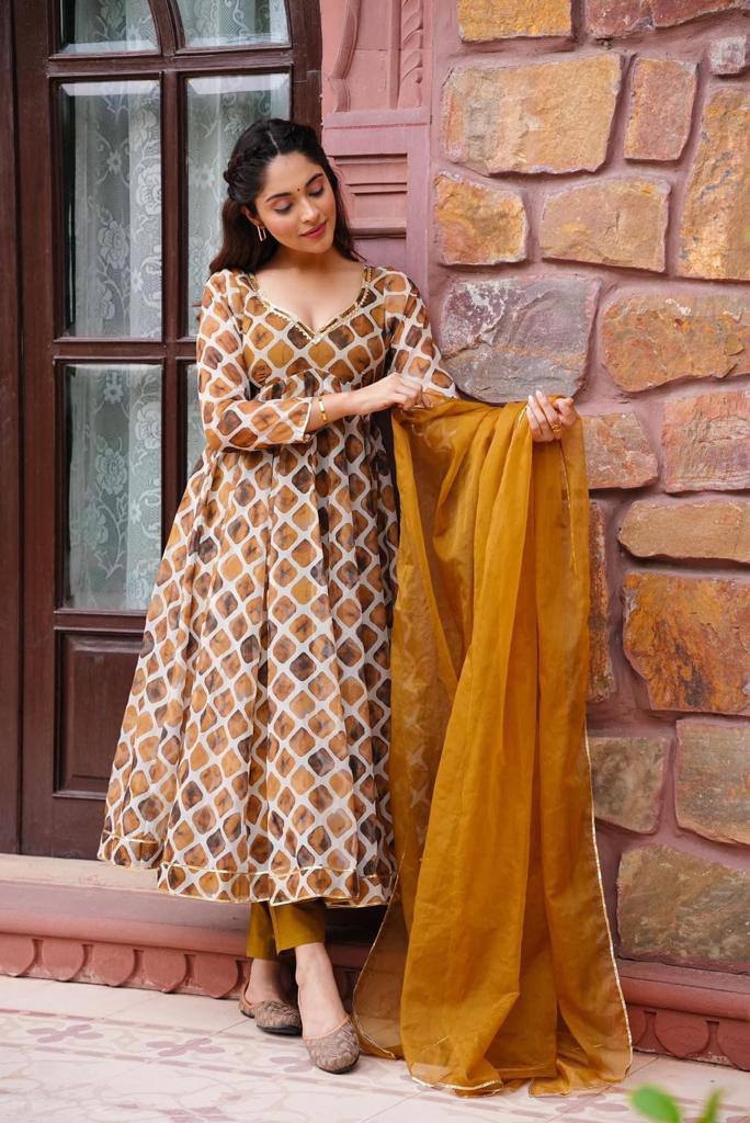 Musturd Yellow Designer Indian Embroidered Partywear Long Flared Anarkali Kurta for women Full Stitched