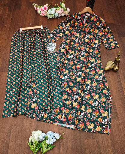 Floral Printed Cotton Fancy Front Open Kurti With Plazzo Pant