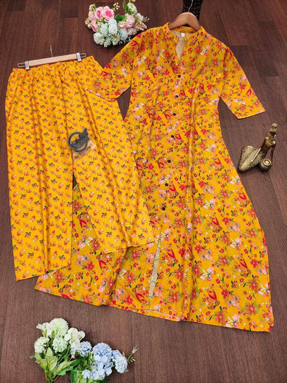 Floral Printed Cotton Fancy Front Open Kurti With Plazzo Pant