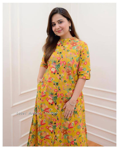 Floral Printed Cotton Fancy Front Open Kurti With Plazzo Pant