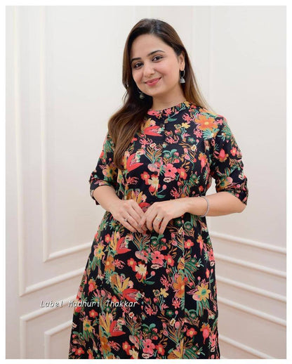Floral Printed Cotton Fancy Front Open Kurti With Plazzo Pant