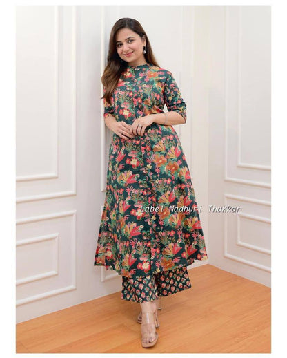 Floral Printed Cotton Fancy Front Open Kurti With Plazzo Pant