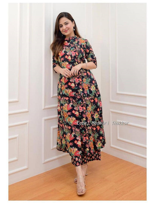 Floral Printed Cotton Fancy Front Open Kurti With Plazzo Pant
