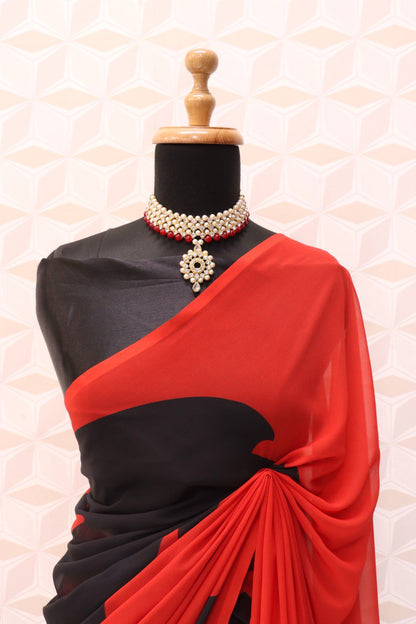 Red& Black Faux Georgette Digital Printed Bollywood Saree For Womens With Beautiful Blouse Piece
