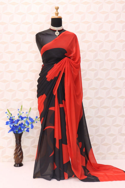 Red& Black Faux Georgette Digital Printed Bollywood Saree For Womens With Beautiful Blouse Piece