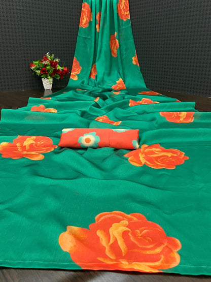 Green&Blue Silk Satin Georgette Saree with Digital Print Work and Matching Blouse