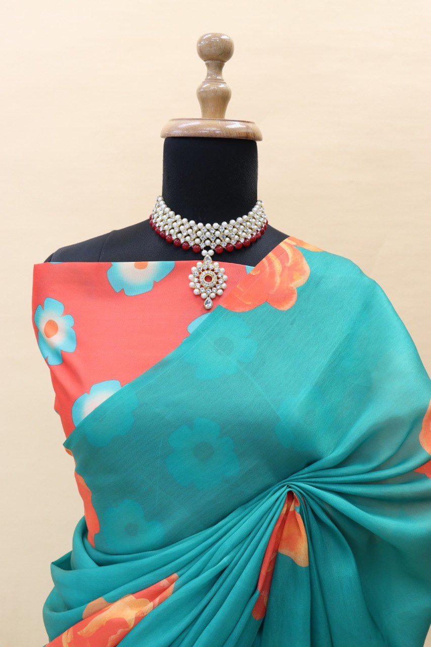 Green&Blue Silk Satin Georgette Saree with Digital Print Work and Matching Blouse