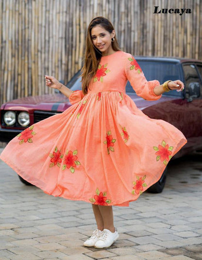Beautiful Faux georgette Digital Flower Print with full lining Women Party Daily wear Western Midi Dress
