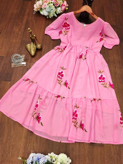 Beautiful Faux georgette Digital Flower Print with full lining Women Party Daily wear Western Midi Dress