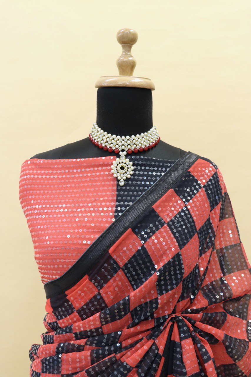 Red&Black Women's Fancy Thread and Sequins Work Digital printed Checkered Faux Georgette Saree With Unstitched Blouse