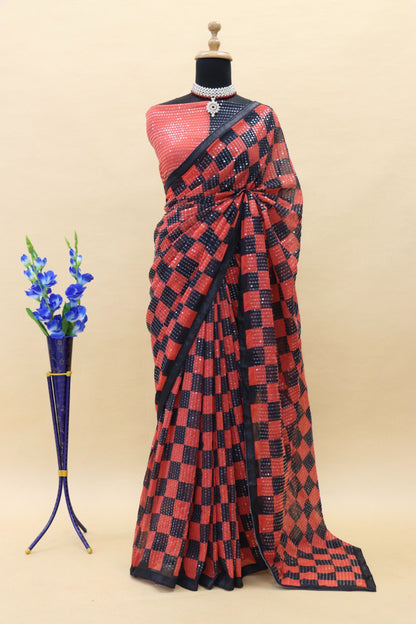 Red&Black Women's Fancy Thread and Sequins Work Digital printed Checkered Faux Georgette Saree With Unstitched Blouse