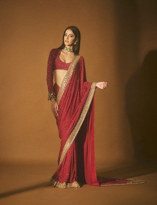RED PRESENTING PURE FAUX GEORGETTE DESIGNER SAREE WITH PREMIUM EMBROIDERY AND SEQUENCE WORK